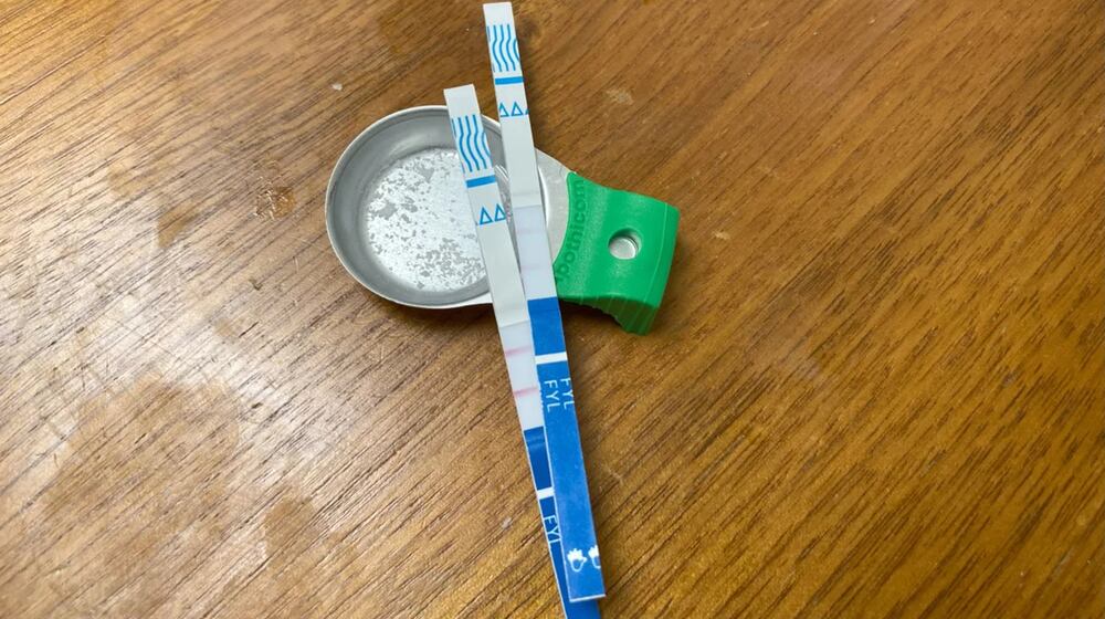 Test strips like these are used to detect the powerful opioid fentanyl in cocaine samples. (Lynn Arditi/The Public’s Radio/TNS)