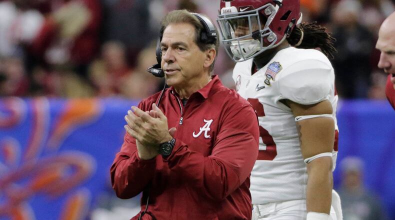 Alabama Crimson Tide head coach Nick Saban reacts during the third quarter against the Clemson Tigers in the 2018 Sugar Bowl.
