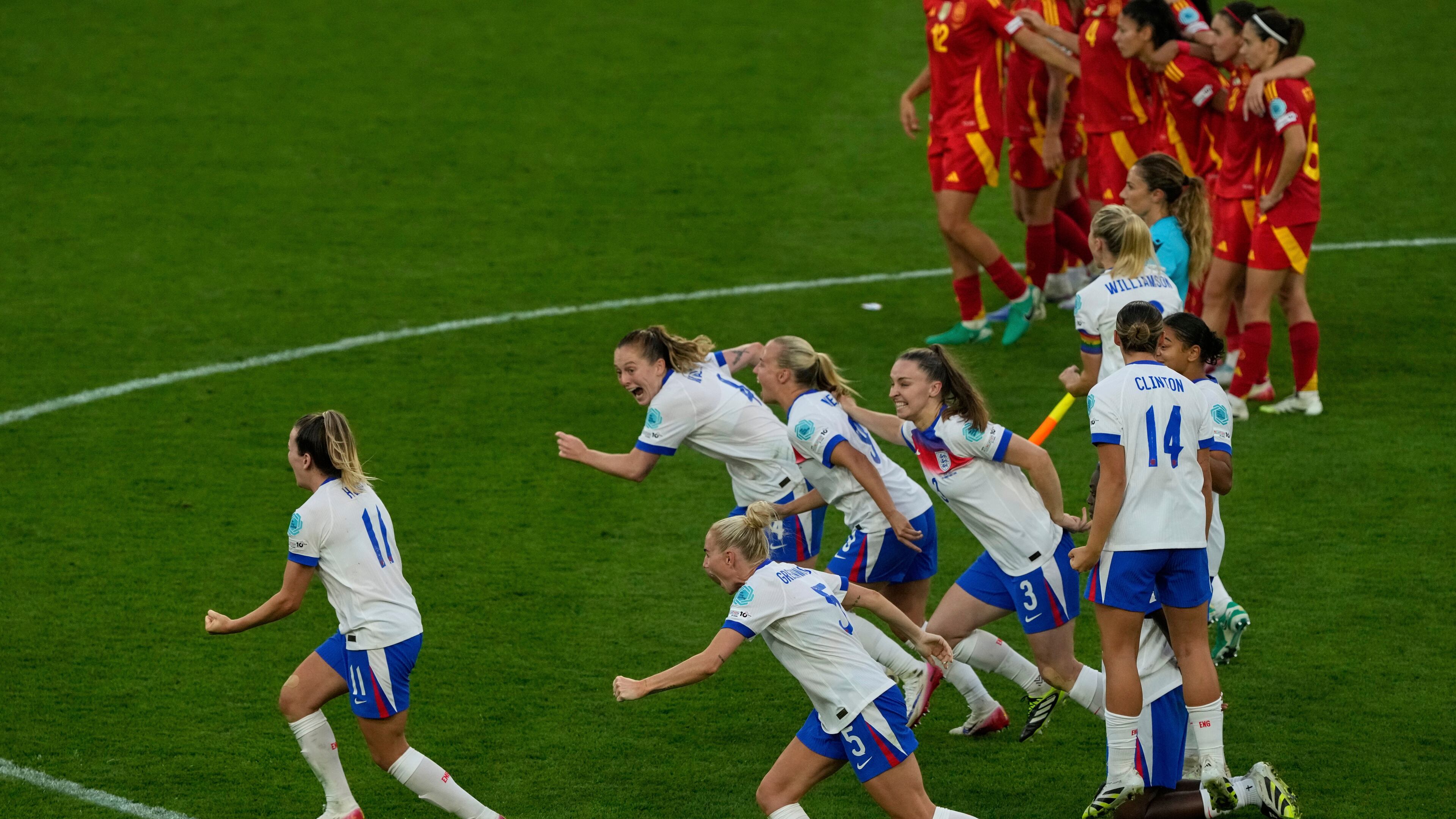 FILE - England players celebrate after winning the Women's Euro 2025 final soccer match between England and Spain at St. Jakob-Park in Basel, Switzerland, Sunday, July 27, 2025. (AP Photo/Michael Probst, File)