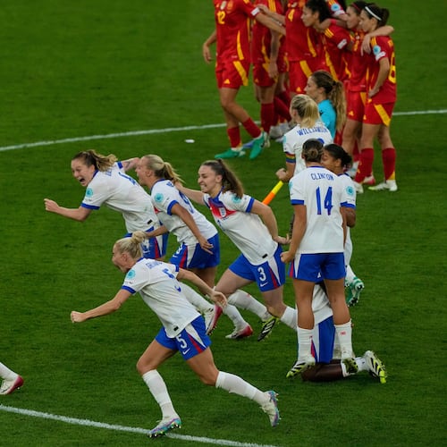 FILE - England players celebrate after winning the Women's Euro 2025 final soccer match between England and Spain at St. Jakob-Park in Basel, Switzerland, Sunday, July 27, 2025. (AP Photo/Michael Probst, File)