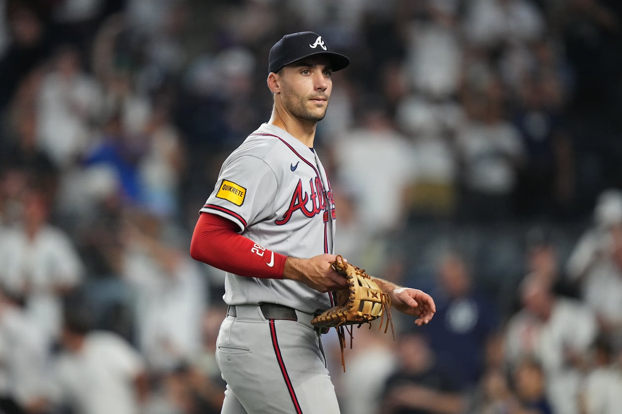 Braves first baseman Matt Olson leaves the field after their game against the Yankees on Saturday, Aug. 8, 2026, in New York. Friday’s game was delayed at the outset. When the game finally ended, it was Saturday morning. (Frank Franklin II/AP)