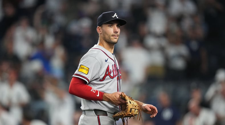 Braves first baseman Matt Olson leaves the field after their game against the Yankees on Saturday, Aug. 8, 2026, in New York. Friday’s game was delayed at the outset. When the game finally ended, it was Saturday morning. (Frank Franklin II/AP)