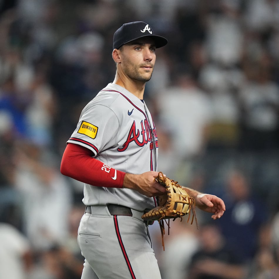 Braves first baseman Matt Olson leaves the field after their game against the Yankees on Saturday, Aug. 8, 2026, in New York. Friday’s game was delayed at the outset. When the game finally ended, it was Saturday morning. (Frank Franklin II/AP)