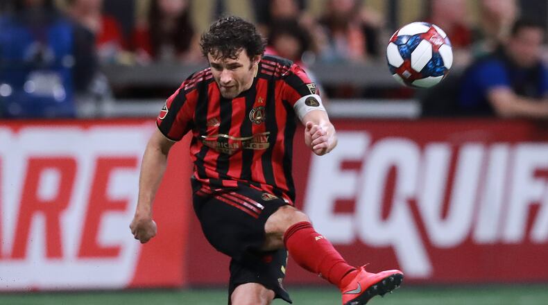 Atlanta United defender Michael Parkhurst  at work against FC Cincinnati  earlier this season. (Curtis Compton/ccompton@ajc.com)