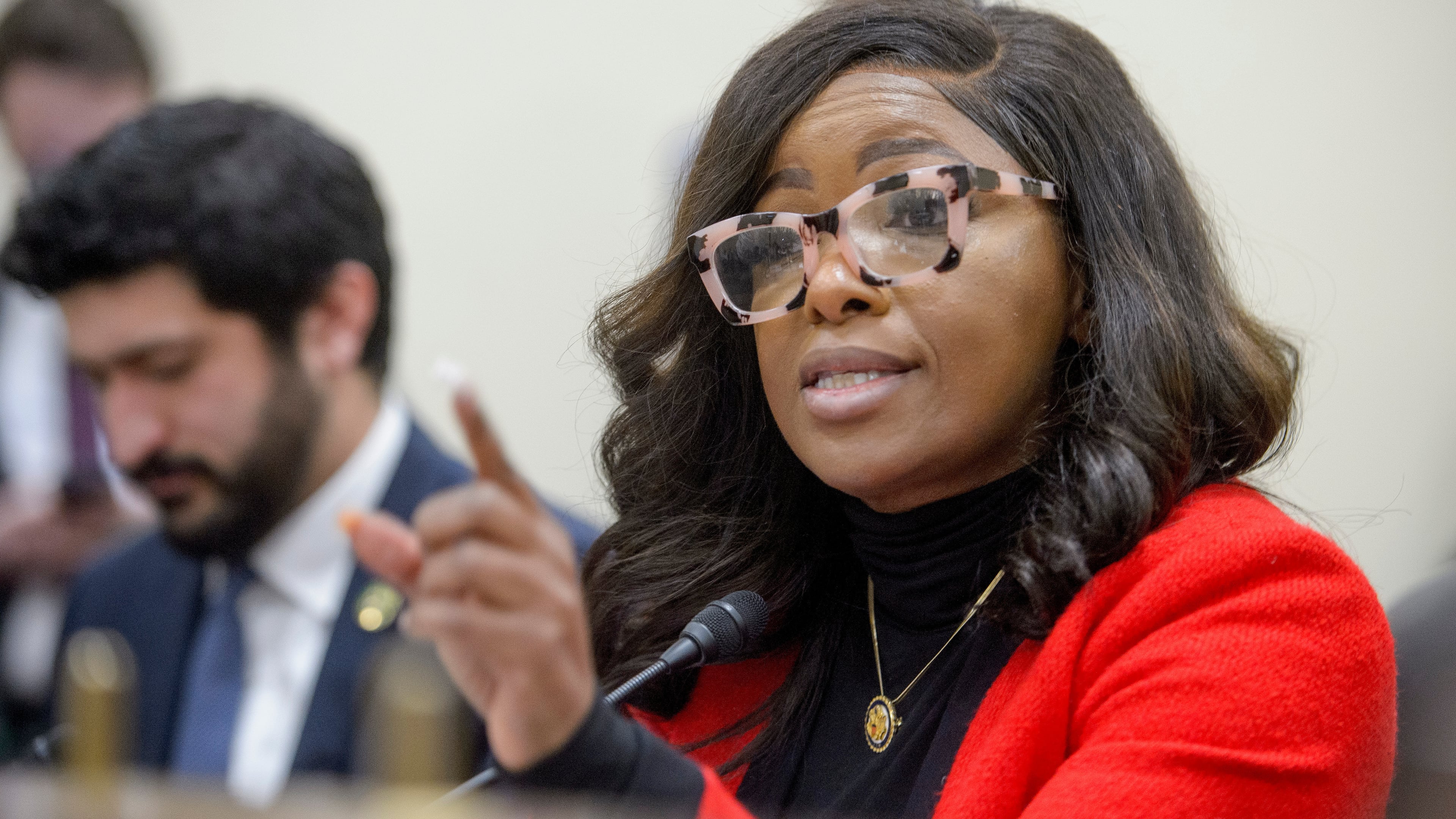 FILE - Rep. Jasmine Crockett, D-Texas, questions the witnesses during a House Committee on Oversight and Government Reform Subcommittee on Delivering on Government Efficiency hearing on "The War on Waste: Stamping Out the Scourge of Improper Payments and Fraud" on Capitol Hill, Wednesday, Feb. 12, 2025, in Washington. (AP Photo/Rod Lamkey, Jr., file)