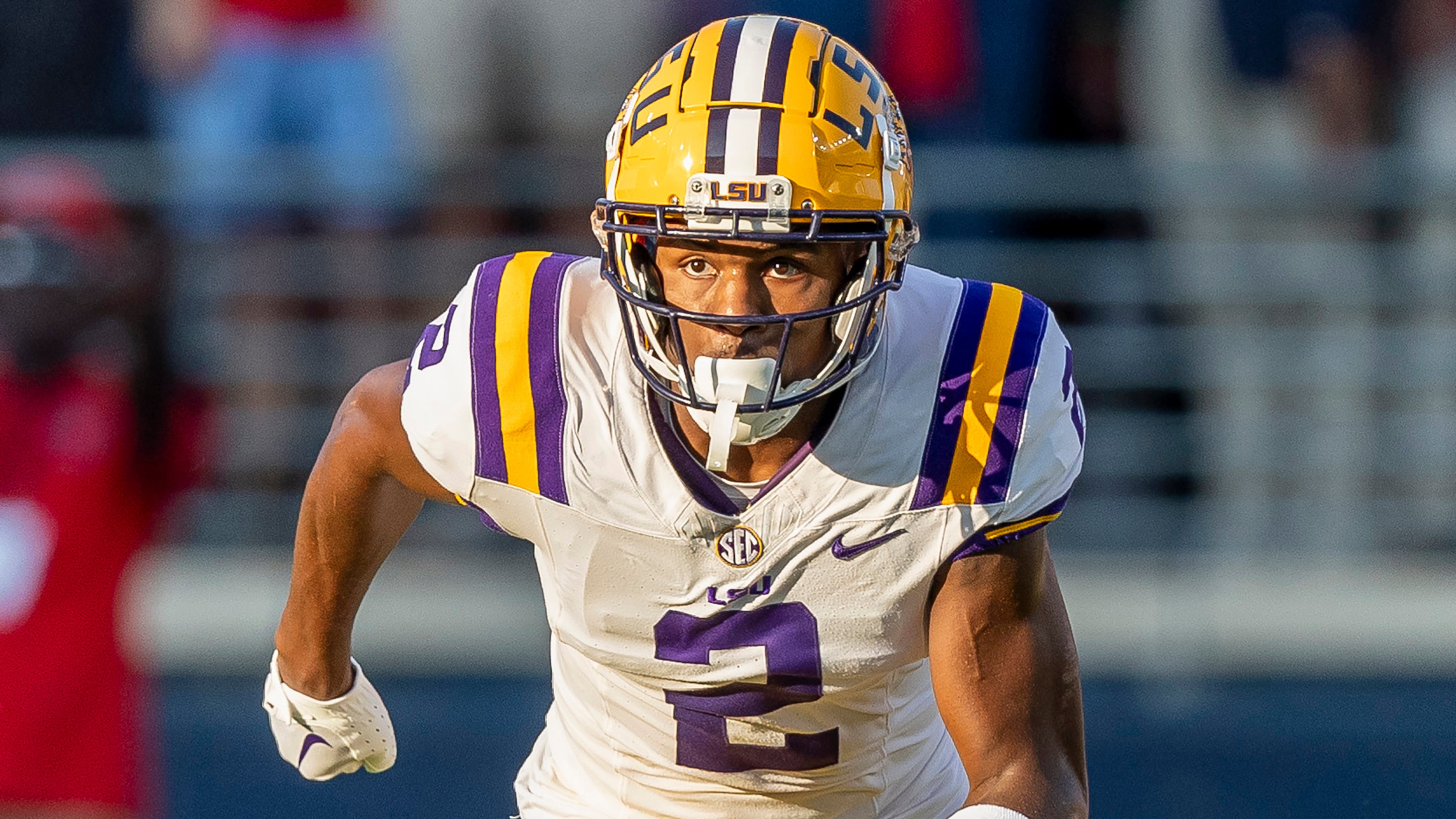 FILE - LSU wide receiver Kyren Lacy looks on during the first half of an NCAA football game, Sept. 30, 2023, in Oxford, Miss. (AP Photo/Vasha Hunt, File)