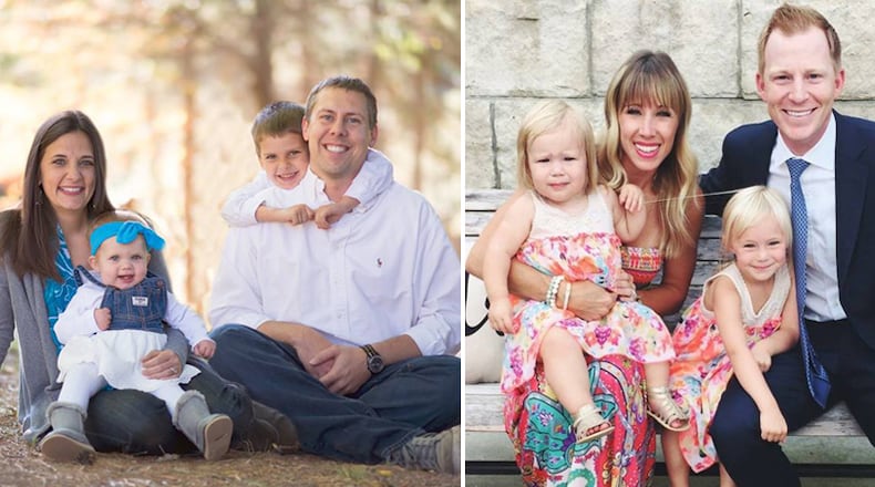 The candidates and their families in the Post 4 City Council special election in Johns Creek: Chris Coughlin (left) and John Patrick Flores (right).