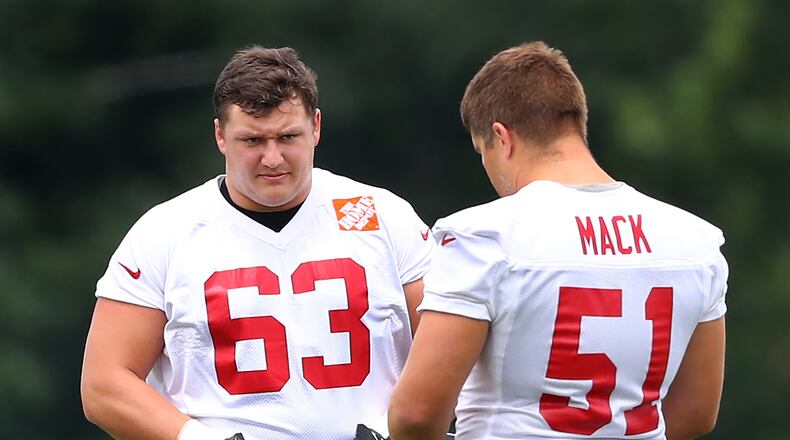 Falcons rookie first-round draft pick Chris Lindstrom consults with veteran center Alex Mack during the just concluded minicamp at Flowery Branch. (Curtis Compton/ccompton@ajc.com)