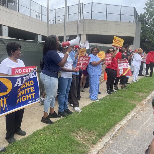 Military veterans and U.S. Department of Veterans Affairs workers attend a National Nurses United rally at the Atlanta VA Medical Center to protest nursing reassignments and the agency's decision to cancel the union's collective bargaining agreement on Tuesday, Aug. 12, 2025, near Decatur. (Jeremy Redmon/AJC)
