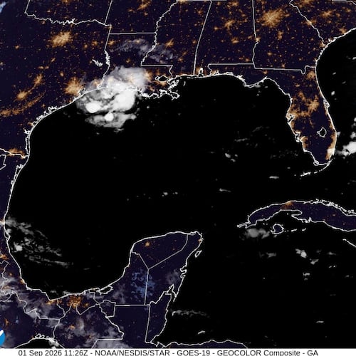 This satellite image from the National Oceanic and Atmospheric Administration taken shows Tropical Storm Edouard heading toward the Gulf Coast, Tuesday, Sept. 1, 2026. (NOAA via AP)
