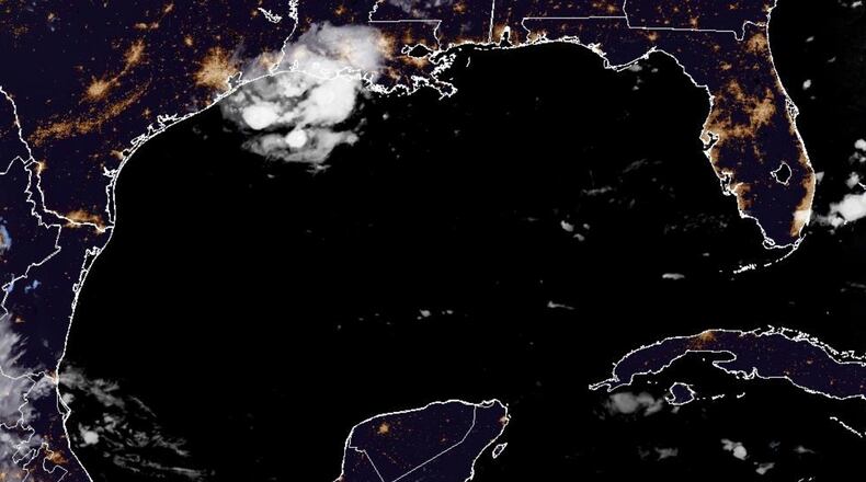 This satellite image from the National Oceanic and Atmospheric Administration taken shows Tropical Storm Edouard heading toward the Gulf Coast, Tuesday, Sept. 1, 2026. (NOAA via AP)