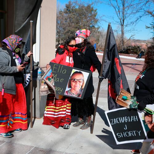 FILE - Seraphine Warren, center left, is embraced by state Sen. Shannon Pinto outside the New Mexico state Capitol, Feb. 4, 2022, in Santa Fe, N.M. (AP Photo/Cedar Attanasio, File)