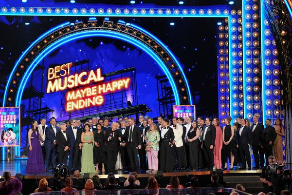 The cast and crew of "Maybe Happy Ending" accept the award for best musical for during the 78th Tony Awards on Sunday, June 8, 2025, at Radio City Music Hall in New York. (Photo by Charles Sykes/Invision/AP)