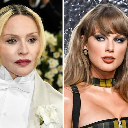 Madonna appears at The Metropolitan Museum of Art's Costume Institute benefit gala in New York on May 5, 2025, left, and Taylor Swift appears at the MTV Video Music Awards in Elmont, N.Y., on Sept. 11, 2024. (Photos by Evan Agostini/Invision/AP, File)
