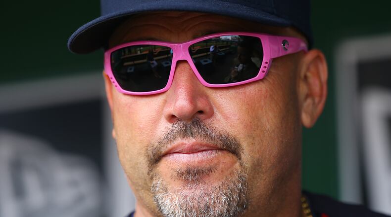 Braves Manager Fredi Gonzalez sports pink sunglasses as MLB continues the cancer fight on Mother's Day during a baseball game against the Nationals on Sunday, May 10, 2015, at Nationals Park in Washington, D.C. Curtis Compton / ccompton@ajc.com