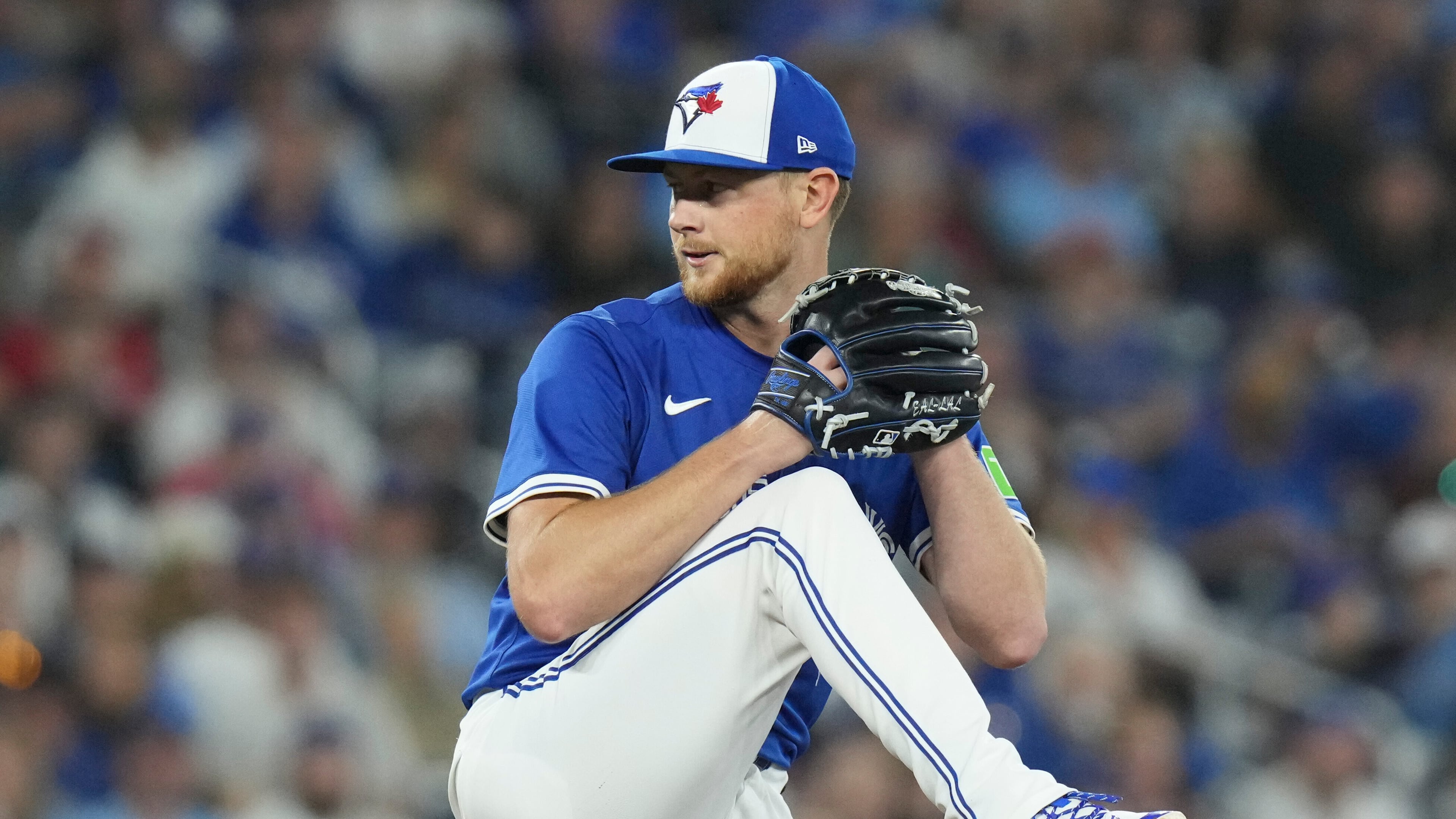 Toronto Blue Jays pitcher Eric Lauer (56) works against the Boston Red Sox during fourth inning MLB baseball action in Toronto on Thursday Sept. 25, 2025. (Chris Young/The Canadian Press via AP)