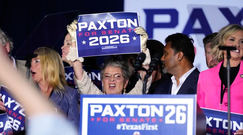 Attendees celebrate after Texas Attorney General Ken Paxton, a Republican candidate for the U.S. Senate, won the Republican party's nomination during a primary runoff election night event Tuesday, May 26, 2026, in Plano, Texas. (AP Photo/Tony Gutierrez)