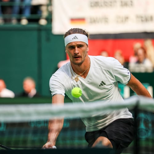Germany's Alexander Zverev plays Croatia's Dino Prizmic during their Davis Cup tennis match in Halle, Germany, Sunday, Sept. 20, 2026. (Christoph Reichwein/dpa via AP)