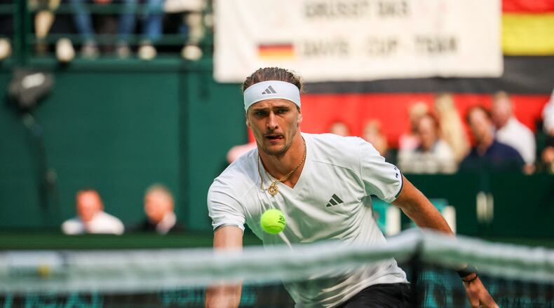 Germany's Alexander Zverev plays Croatia's Dino Prizmic during their Davis Cup tennis match in Halle, Germany, Sunday, Sept. 20, 2026. (Christoph Reichwein/dpa via AP)