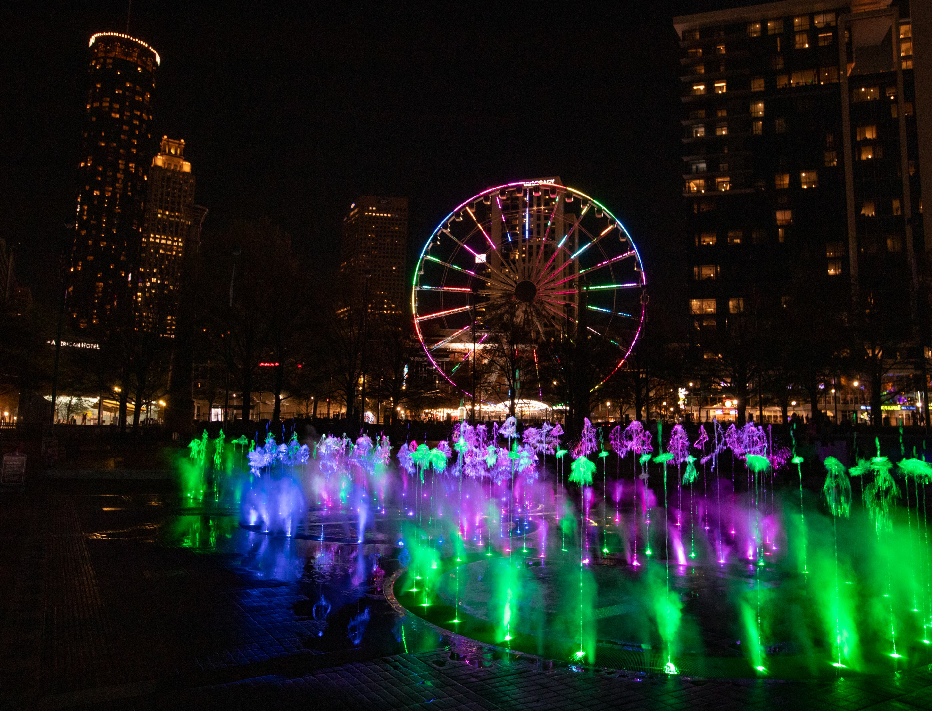 The Fountain of Rings at Centennial Olympic Park is open Thursday, March 27, 2025 after a $3.5 million renovation updating the fountain show with new songs, new pumps and new technology.  (Jenni Girtman for The Atlanta Journal-Constitution)