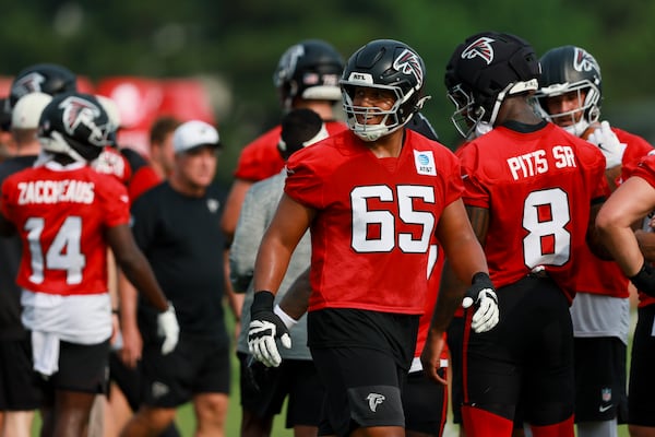Offensive lineman Matthew Bergeron (65) on the first day of training camp. (Jason Getz/AJC)