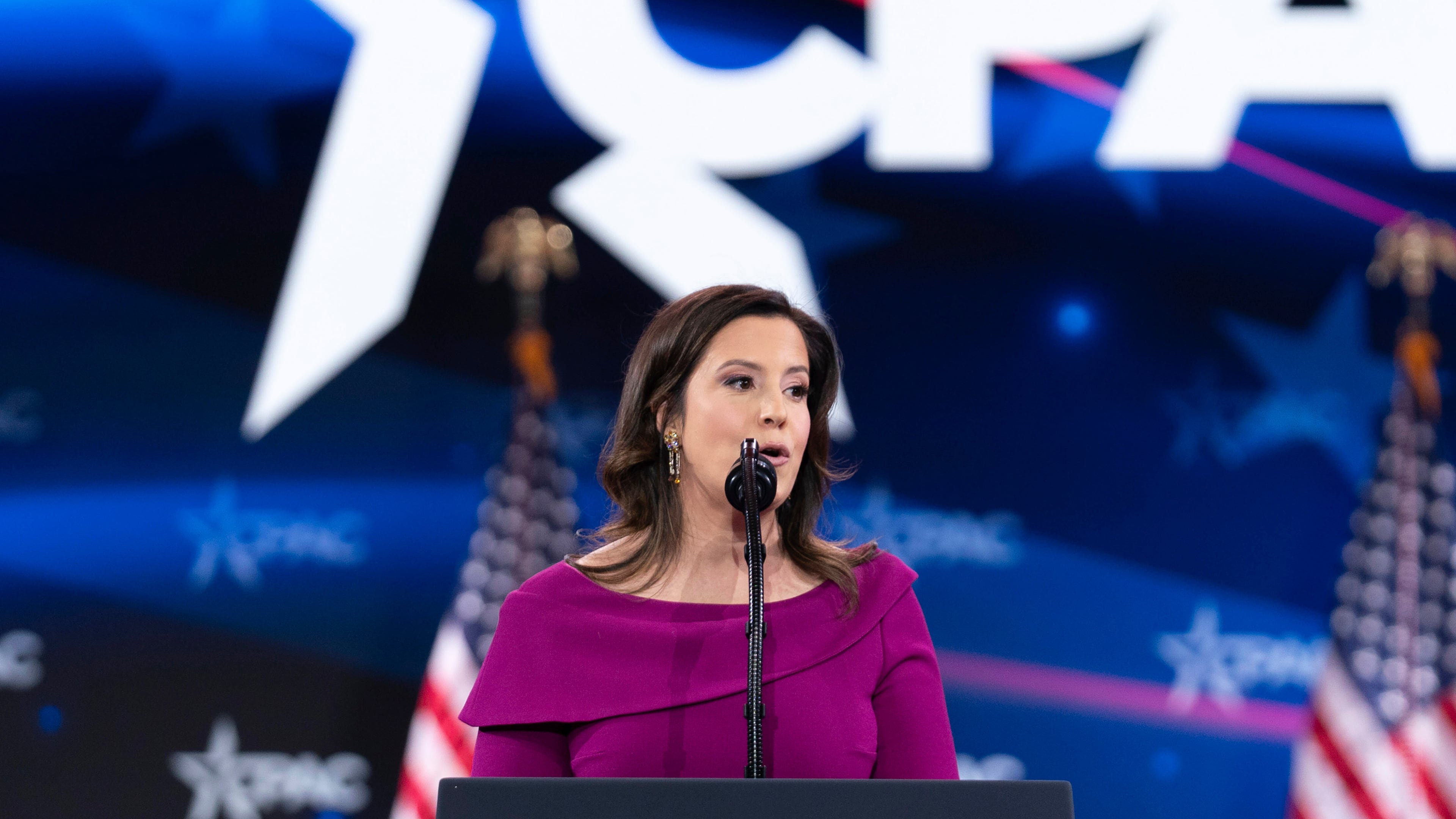 FILE - Rep. Elise Stefanik, R-NY., speaks at the Conservative Political Action Conference, CPAC, at the Gaylord National Resort & Convention Center, Feb. 22, 2025, in Oxon Hill, Md. (AP Photo/Jose Luis Magana, File)