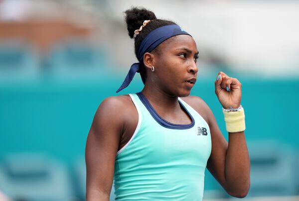 Coco Gauff reacts during her match against Maria Sakkari, of Greece, at the Miami Open tennis tournament, Saturday, March 22, 2025, in Miami Gardens, Fla. (AP Photo/Lynne Sladky)