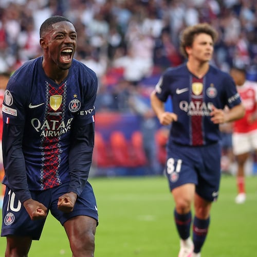 PSG's Ousmane Dembele celebrates after scoring from a penalty kick during the Champions League final soccer match between Paris Saint-Germain and Arsenal in Budapest, Hungary, Saturday, May 30, 2026. AP Photo/Armin Durgut)