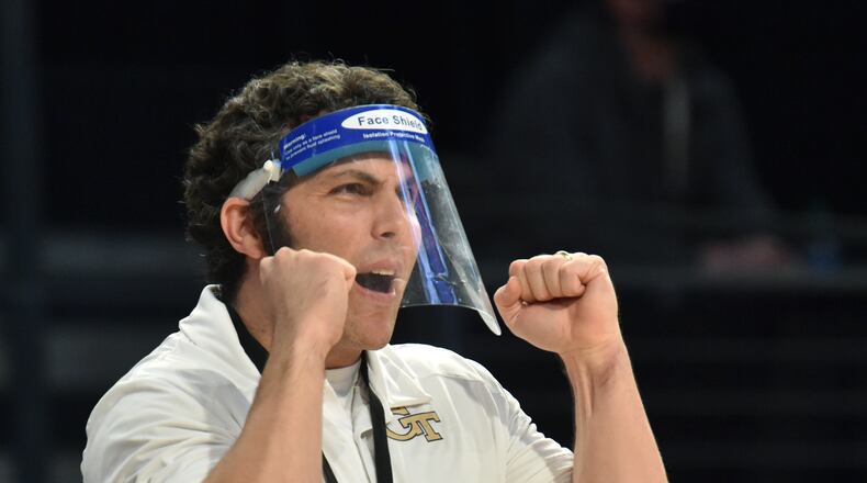 February 6, 202, 2021 Atlanta - Georgia Tech's head coach Josh Pastner reacts in the second half of a NCAA college basketball game at Georgia Tech's McCamish Pavilion in Atlanta on Saturday, February 6, 2021. Georgia Tech won 82-80 over Notre Dame. (Hyosub Shin / Hyosub.Shin@ajc.com)
