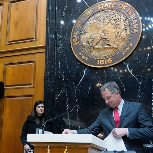 FILE - Indiana Republican House Speaker Todd Huston leaves the podium in the house chamber at the Statehouse, Jan. 8, 2024, in Indianapolis. (AP Photo/Darron Cummings, File)
