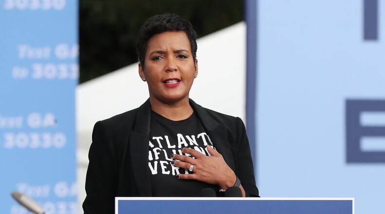102720 Atlanta: Atlanta Mayor Keisha Lance Bottoms speaks at Democratic Presidential candidate Joe Biden’s drive in rally event during his visit to Georgia at the amphitheatre at Lakewood on Tuesday, Oct 27, 2020 in Atlanta.   “Curtis Compton / Curtis.Compton@ajc.com”
