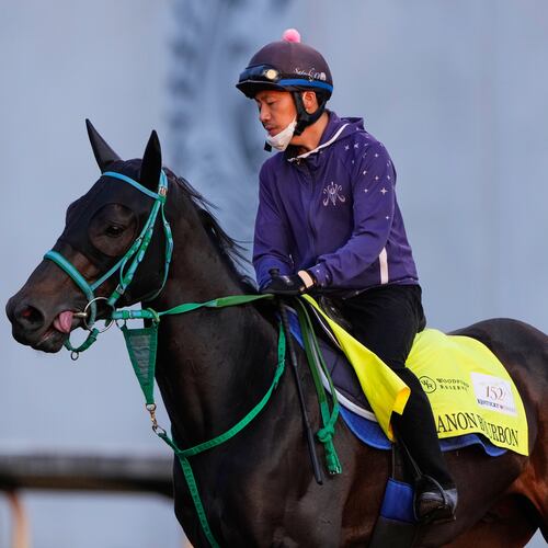 Kentucky Derby entrant Danon Bourbon works out at Churchill Downs Monday, April 27, 2026, in Louisville, Ky. (AP Photo/Charlie Riedel)