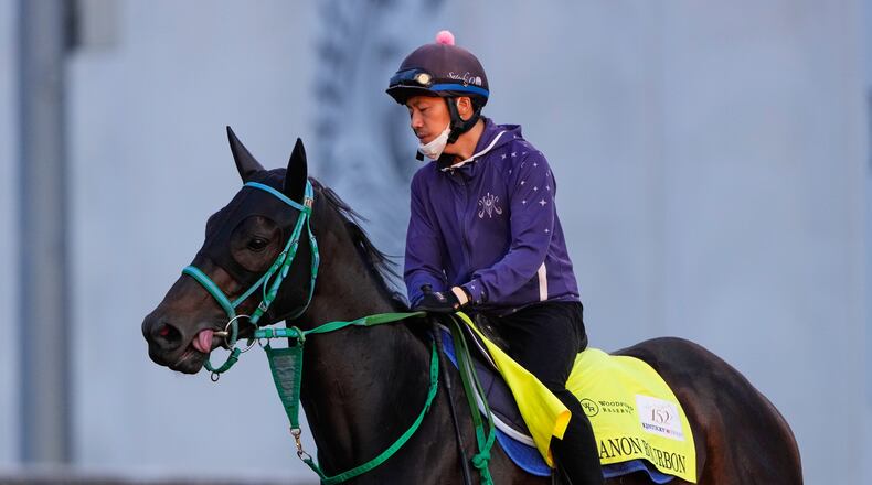 Kentucky Derby entrant Danon Bourbon works out at Churchill Downs Monday, April 27, 2026, in Louisville, Ky. (AP Photo/Charlie Riedel)
