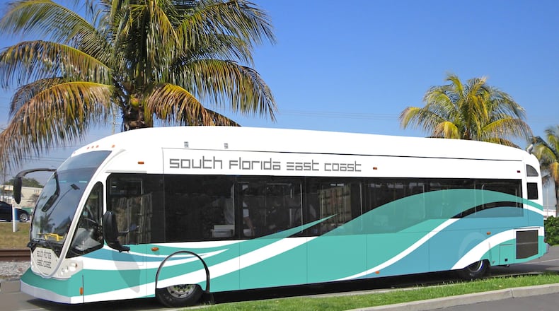 An example of bus rapid transit in Florida. Bus Rapid Transit, a sleek, low-profile bus that would run in a dedicated busway built alongside the Florida East Coast Railway tr. Photo courtesy Communikatz, Inc.