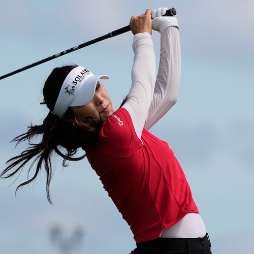 Ina Yoon, of South Korea, hits from the third tee during the first round of the Women's PGA Championship golf tournament, Thursday, June 25, 2026, in Chaska, Minn. (AP Photo/Chris Carlson)