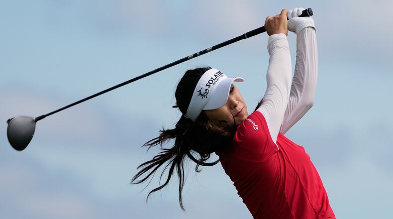 Ina Yoon, of South Korea, hits from the third tee during the first round of the Women's PGA Championship golf tournament, Thursday, June 25, 2026, in Chaska, Minn. (AP Photo/Chris Carlson)