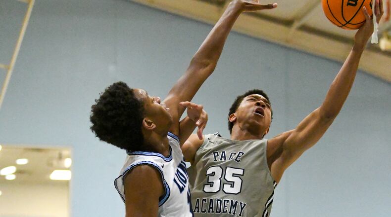 Class 2A's top-ranked Pace Academy features 5-star recruit Matthew Cleveland (35), who signed with Florida State, and their Region 6 rivals, the No. 3-ranked Lovett Lions, have Ryan Mutombo (left), who signed with Georgetown.