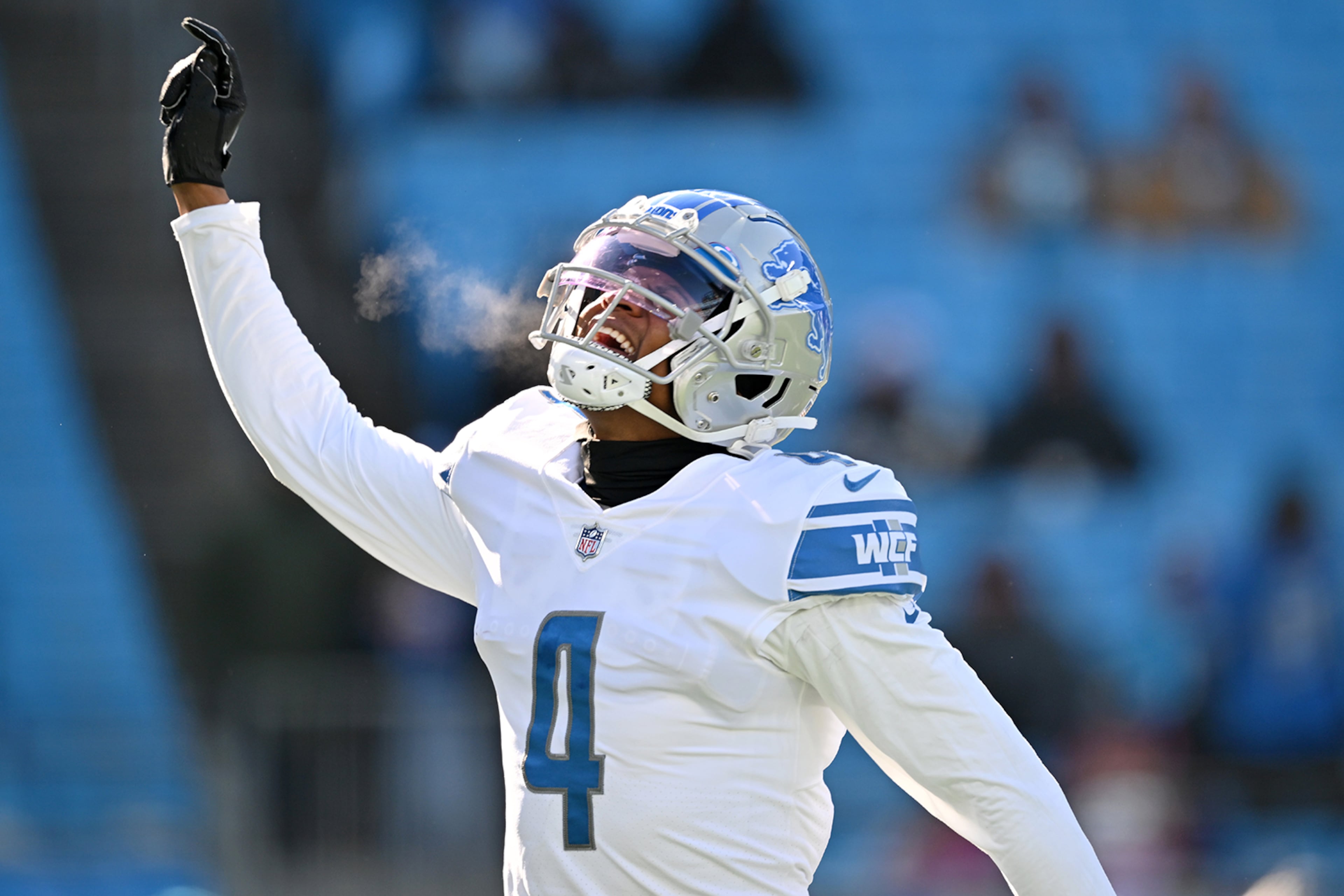 D.J. Chark of the Detroit Lions dances on the field before the game against the Carolina Panthers at Bank of America Stadium on Dec. 24, 2022, in Charlotte, North Carolina. (Grant Halverson/Getty Images)