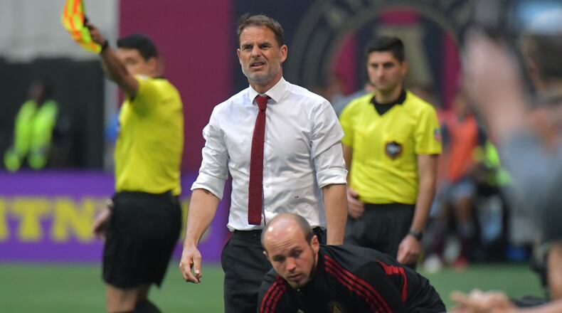 Atlanta United coach Frank de Boer works a game in the friendly confines of Mercedes-Benz Stadium. (HYOSUB SHIN / HSHIN@AJC.COM)