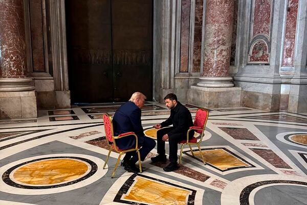 In this photo provided by the Ukrainian Presidential Press Office, Ukraine's President Volodymyr Zelenskyy, right, and President Donald Trump, talk as they attend the funeral of Pope Francis in Vatican, Saturday, April 26, 2025.(Ukrainian Presidential Press Office via AP)