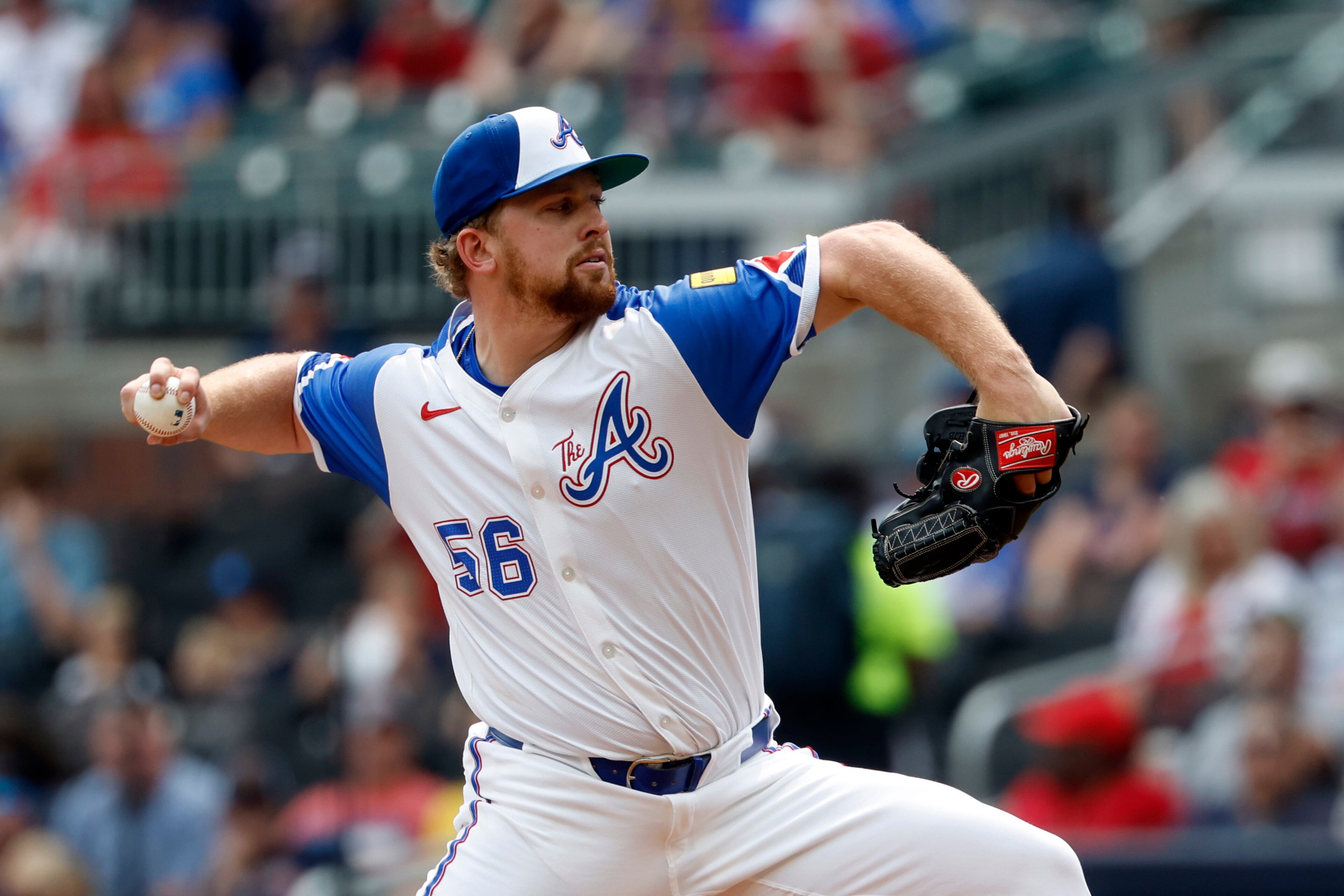 Atlanta Braves' Spencer Schwellenbach pitches during the first inning of a baseball game against the Boston Red Sox, Saturday, May 31, 2025, in Atlanta. (AP Photo/Butch Dill)