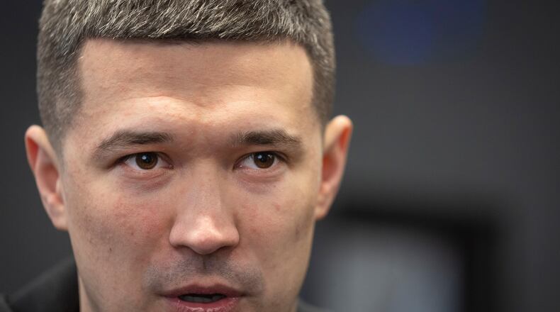 FILE - Mykhailo Fedorov, Ukraine's Minister of Digital Transformation speaks during an interview with The Associated Press in Kyiv, Ukraine, Friday, April 21, 2023. (AP Photo/Efrem Lukatsky)