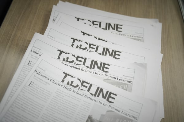Copies of Tideline, Palisades High School's student newspaper, are placed on a table in their newsroom, Wednesday, May 14, 2025, in Santa Monica, Calif. (AP Photo/Marcio Jose Sanchez)
