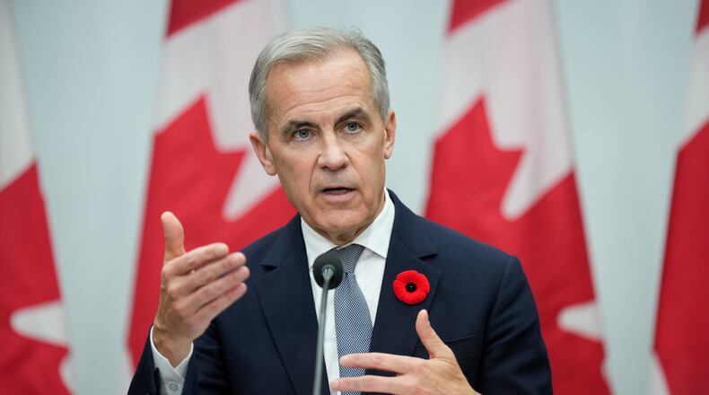 Canada's Prime Minister Mark Carney speaks during a news conference following the APEC Summit in Gyeongju, South Korea, Saturday, Nov. 1, 2025. (Adrian Wyld/The Canadian Press via AP)