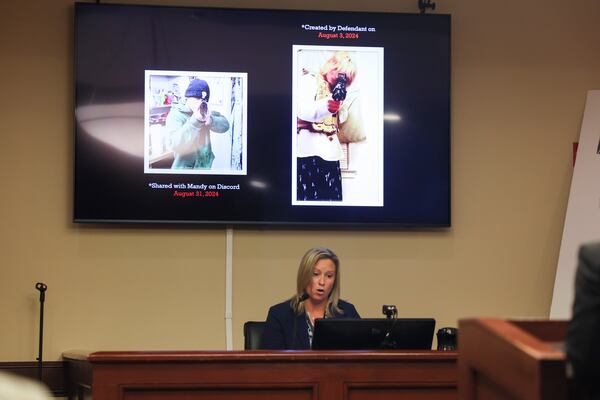 An investigator with the Barrow County District Attorney’s office discusses the Apalachee school shooter, who is shown in the image above right, mimicking a pose of Parkland school shooter, who is show in the image at left, during a sentencing hearing at Barrow County Superior Court, Monday, July 27, 2026, in Winder, Ga. (Jason Getz/AJC)