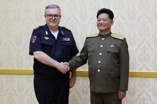 North Korean Public Security Minister Pang Tu Sop, right, meets with Russian Vice Interior Minister Vitaly Shulika at the Mansudae Assembly Hall in Pyongyang, North Korea Wednesday, May 28, 2025. (AP Photo/Jon Chol Jin)