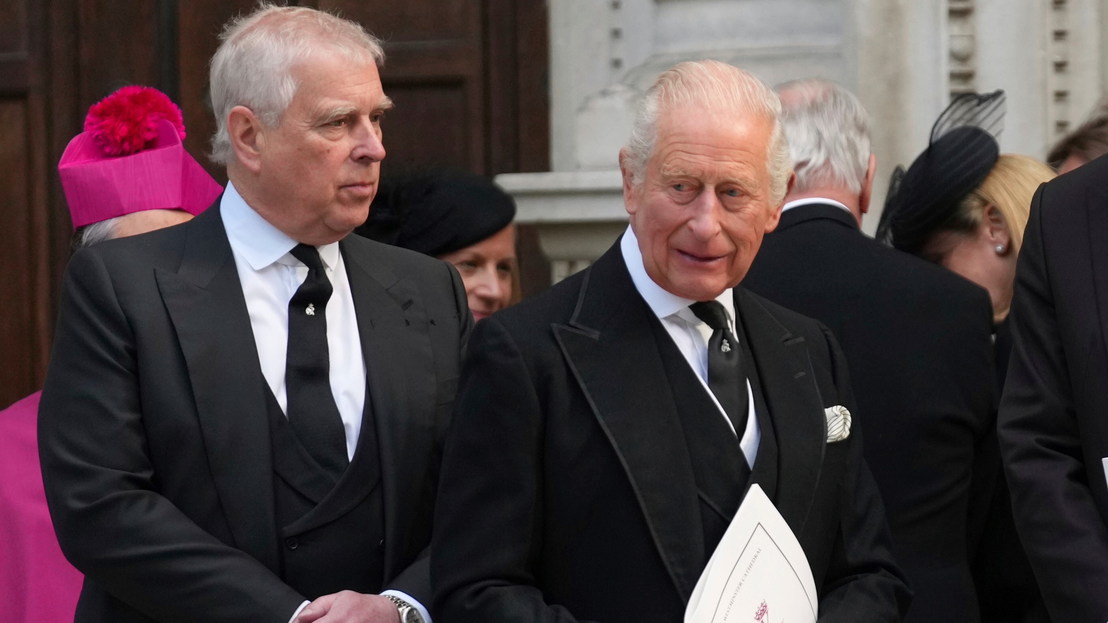 FILE - Britain's Prince Andrew, left, and Britain's King Charles III leave after the Requiem Mass service for the Duchess of Kent at Westminster Cathedral in London, Tuesday, Sept. 16, 2025. (AP Photo/Joanna Chan, File)