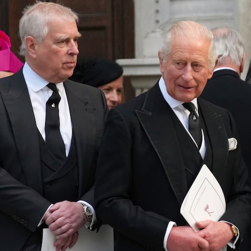 FILE - Britain's Prince Andrew, left, and Britain's King Charles III leave after the Requiem Mass service for the Duchess of Kent at Westminster Cathedral in London, Tuesday, Sept. 16, 2025. (AP Photo/Joanna Chan, File)