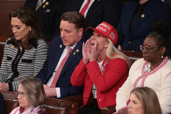 U.S. Rep. Marjorie Taylor Greene, R-Ga., calls out as President Joe Biden delivers the State of the Union address during a joint meeting of Congress in the House chamber at the U.S. Capitol on Thursday, March 7, 2024, in Washington, D.C. (Win McNamee/Getty Images/TNS)