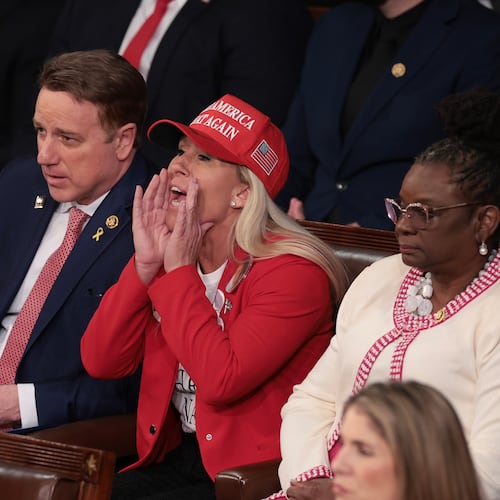 U.S. Rep. Marjorie Taylor Greene, R-Ga., calls out as President Joe Biden delivers the State of the Union address during a joint meeting of Congress in the House chamber at the U.S. Capitol on Thursday, March 7, 2024, in Washington, D.C. (Win McNamee/Getty Images/TNS)